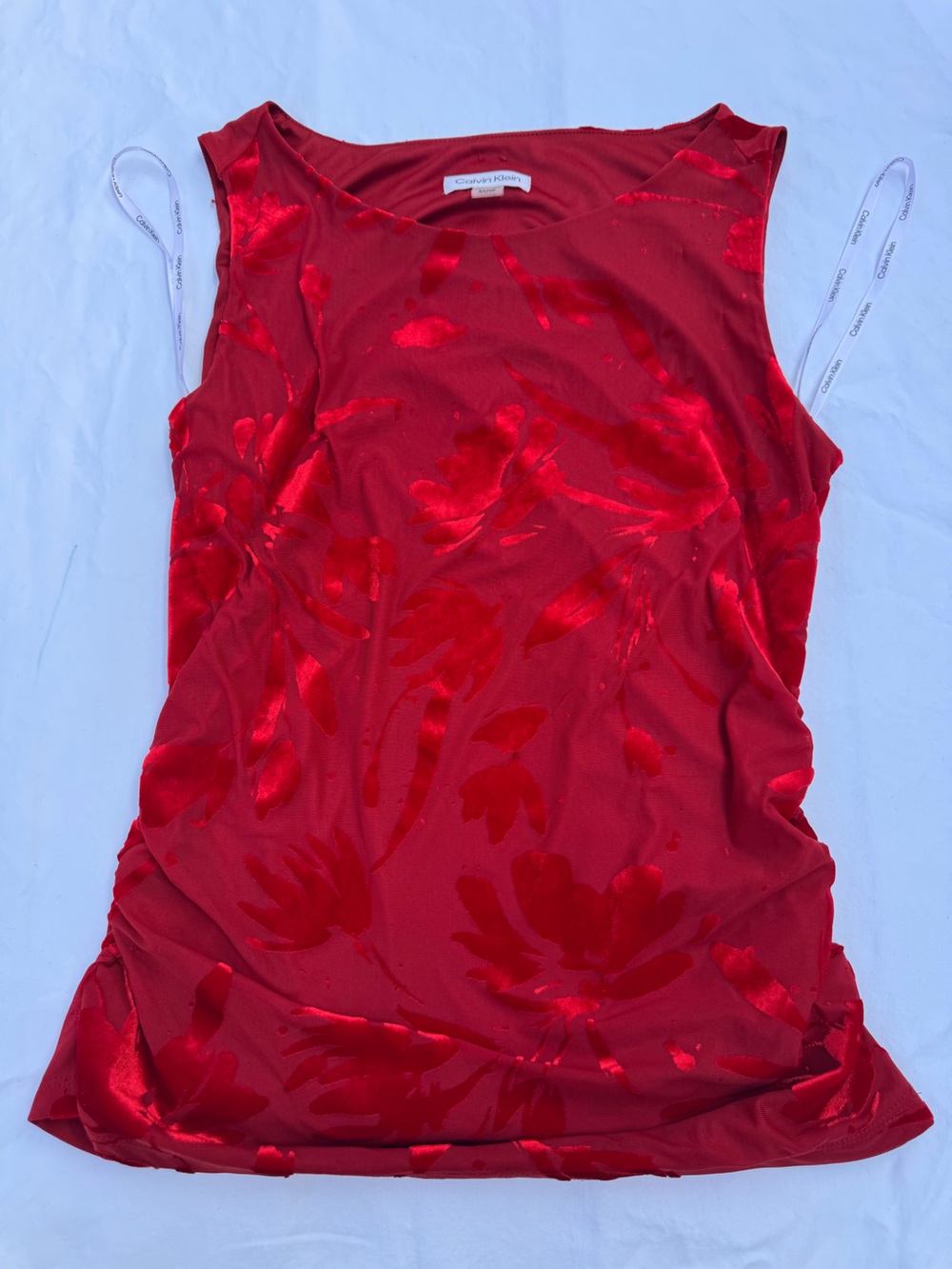 Calvin Klein Women's Sleeveless Blouse Small Red Floral Burnout Sheer Top